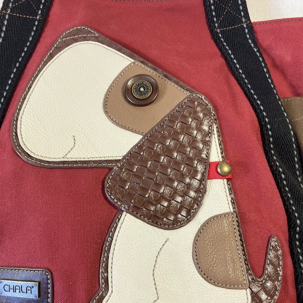 Chala Toffy Dog Large Tote Canvas/Vegan Leather, Burgundy With Black Handles EUC - Picture 2 of 13